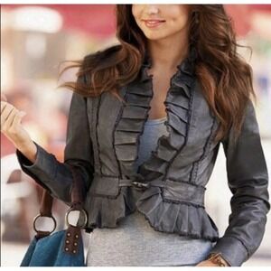 Moda International Grey Genuine Leather Ruffle Cropped Jacket Victorian Style XS